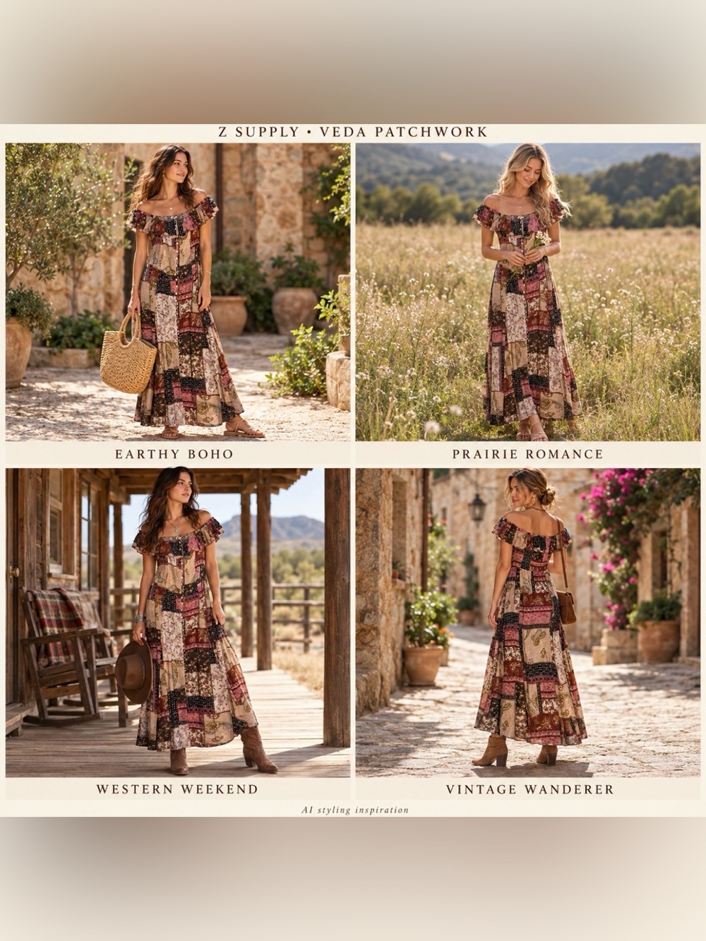 NEW Z Supply Veda Off Shoulder Midi Dress Country Cowgirl Patchwork Boho Women M